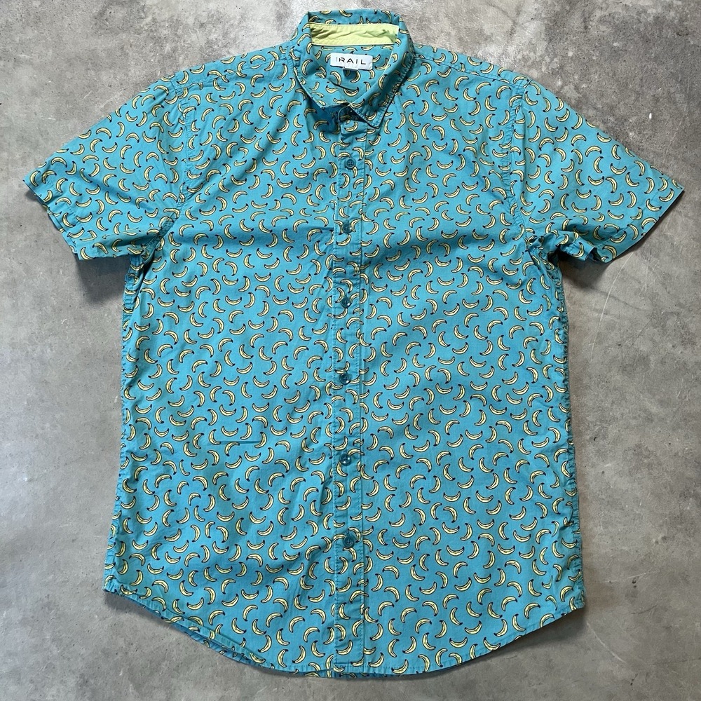 The Rail Shirt Mens Size Medium Teal Bananas Button Up Short Sleeve Festive